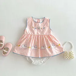 Mono de verano para bebé – conejito bordado floral, cuadros sin mangas