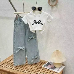 Conjunto de verano para niña con lazo y vaqueros