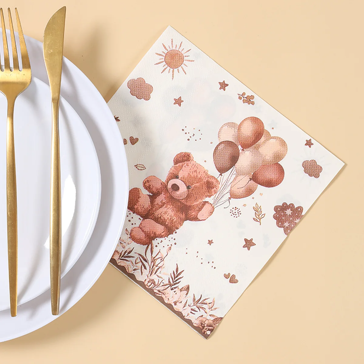 Vajilla desechable de 20/24 Uds., globo de oso de peluche marrón, servilleta de papel, decoración para fiesta de feliz cumpleaños, suministros para Baby Shower para niños y niñas - imagen 2