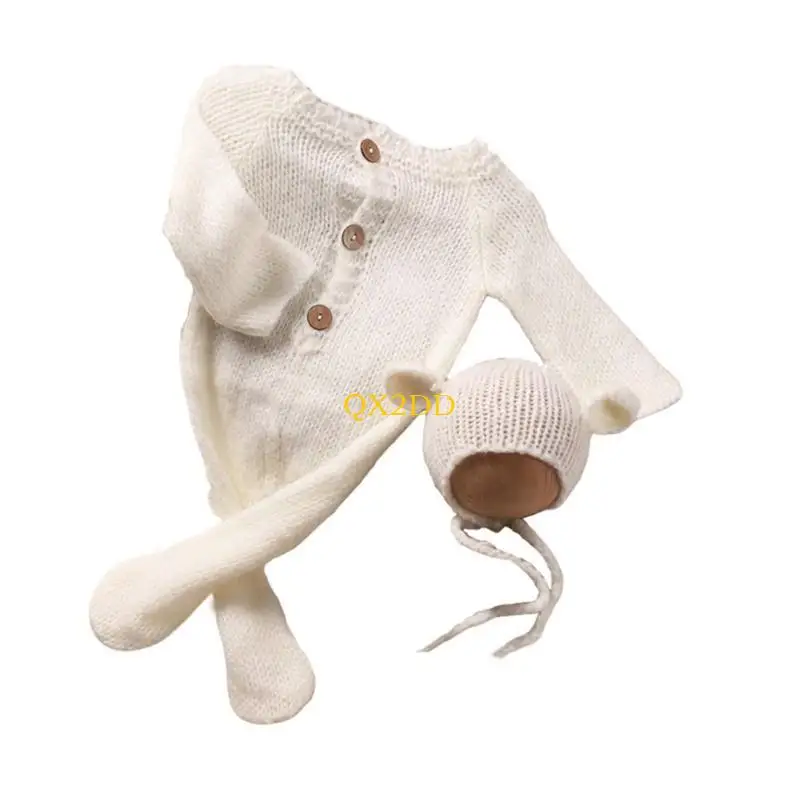 QX2D Mameluco Recién Nacido Oso Encantador con Gorro con Orejas a Juego Adecuado para Fotos Memorables - imagen 2