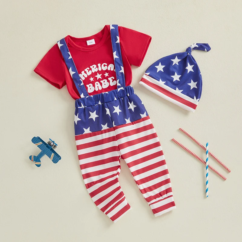 VISgogo Conjunto de verano de 3 piezas para bebé, niño, 4 de julio, con letras y estrellas, mameluco de manga corta, pantalones con tirantes, sombrero anudado - imagen 4
