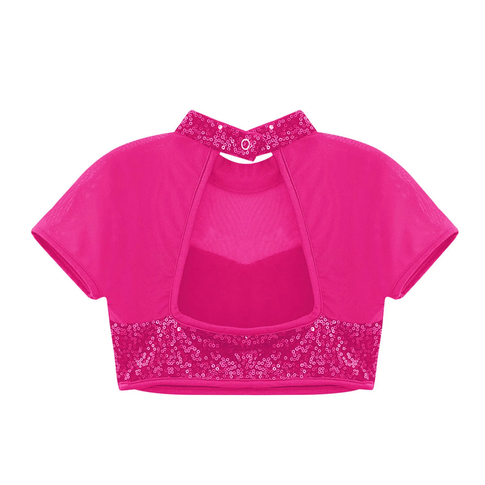 Top corto para niñas, Top de entrenamiento de gimnasia con escote simulado adornado con lentejuelas brillantes, malla de manga corta con recortes en la espalda, Ropa de baile - imagen 5
