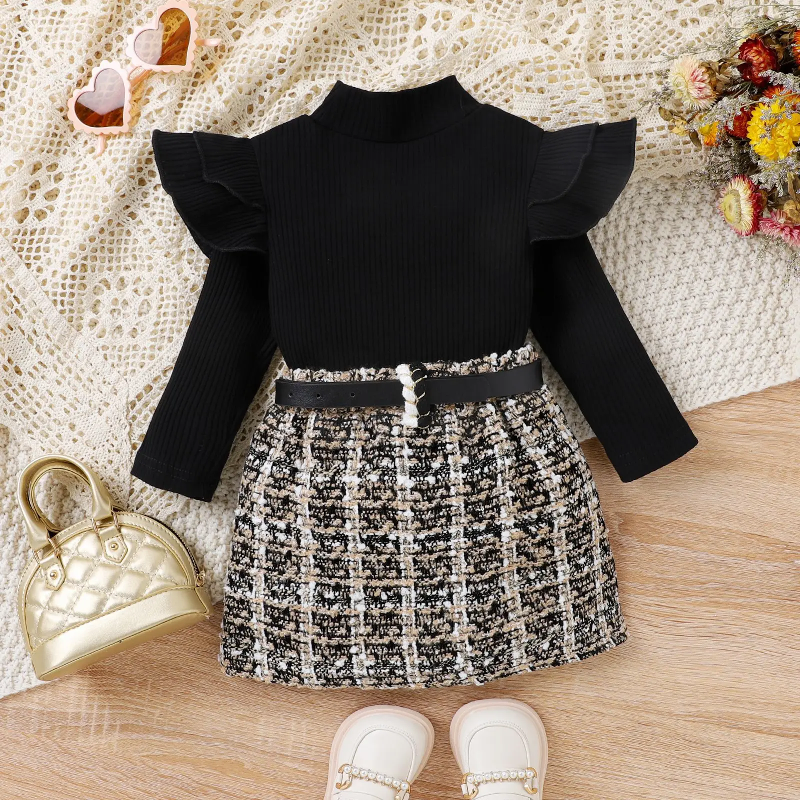 Conjunto de 3 piezas para niña pequeña, Tops de manga larga a la moda, falda a cuadros y cinturón, ropa de Boutique, color negro, primavera y otoño, BC046 - imagen 3