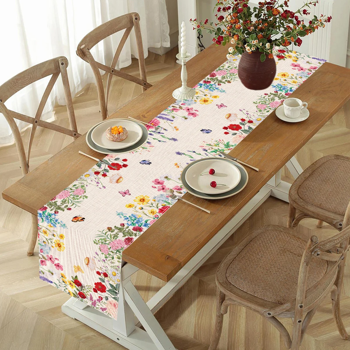 Caminos de mesa de PE/lino, mariposas y flores silvestres coloridas de primavera, decoración para fiesta de boda, caminos de mesa de plantas florales de verano, decoración de mesa - imagen 3