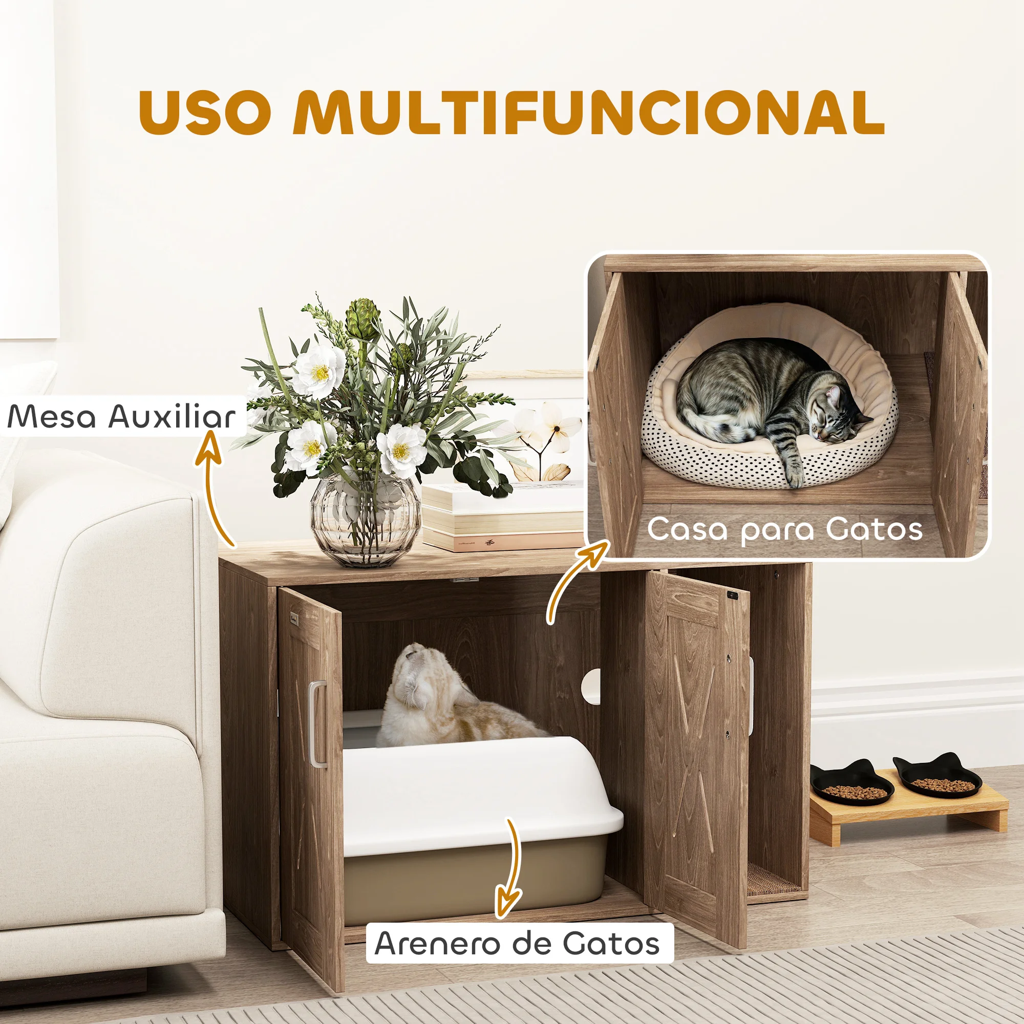 PawHut Mueble Arenero para Gatos 3 en 1 Nido Mesa Auxiliar Caja de Arena para Gatos con Puertas Estera para Rascar y Compartimento para Salón Dormitorio 80x48x50,5 cm Marrón - imagen 4