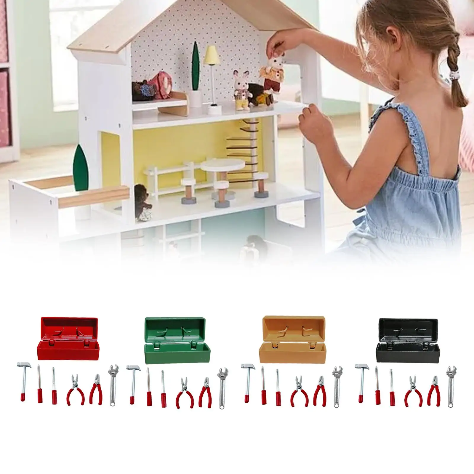 Caja de herramientas de reparación en miniatura, Mini caja de herramientas de bricolaje, colecciones de escenas, juguetes de imitación realistas, accesorios en miniatura para niñas y niños - imagen 4