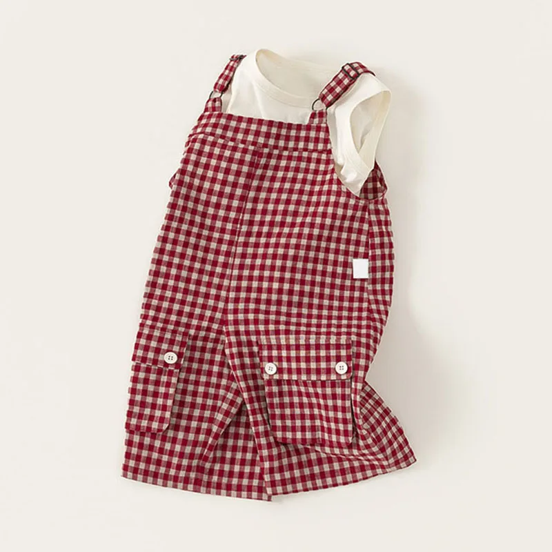 Ropa de verano para niño niña, monos holgados rojos a cuadros a la moda coreana + Tops sin mangas para bebé, ropa de Boutique para niño B094, 2 piezas, 2025 - imagen 3