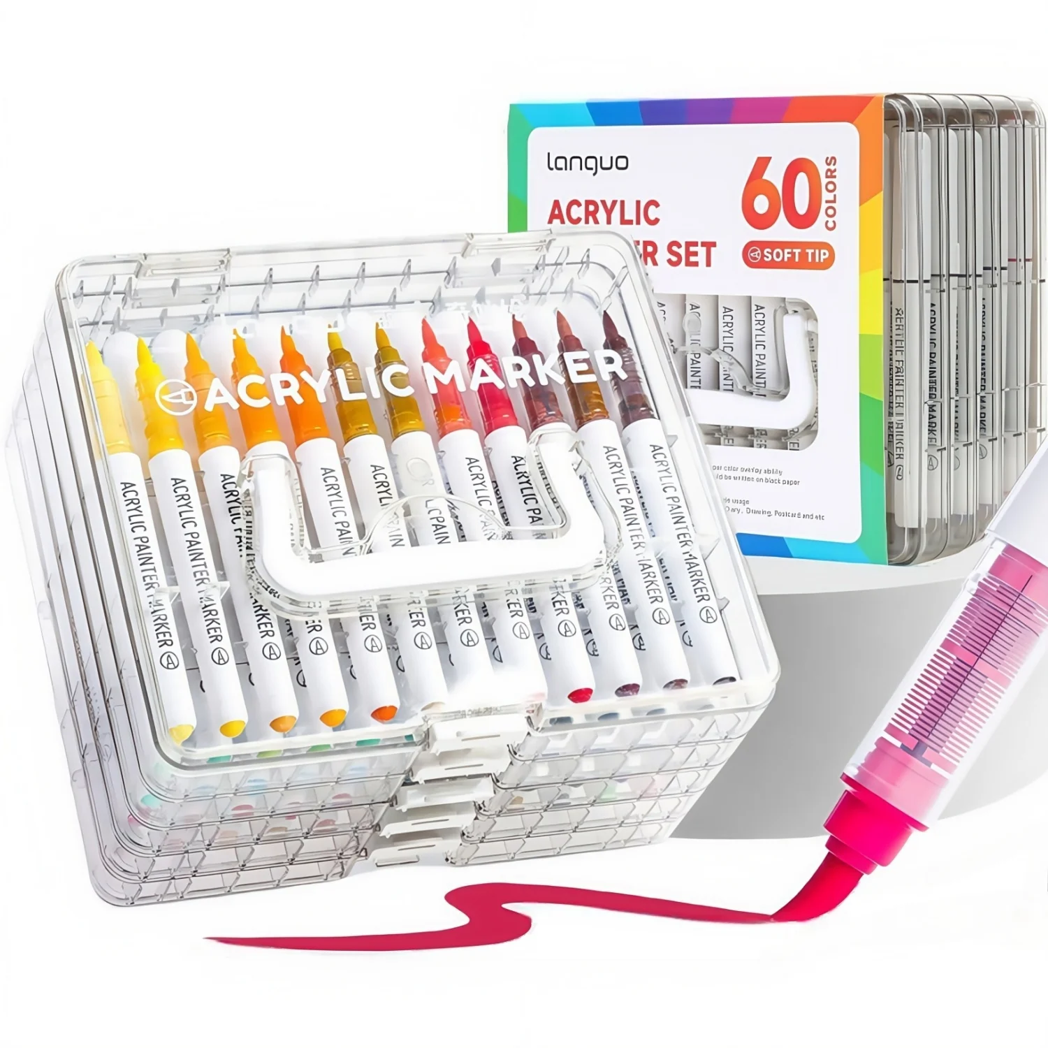 Rotuladores de pintura acrílica con control automático de tinta, con caja de almacenamiento en capas, bolígrafos de pintura acrílica con punta de pincel para pintura rupestre, cerámica,