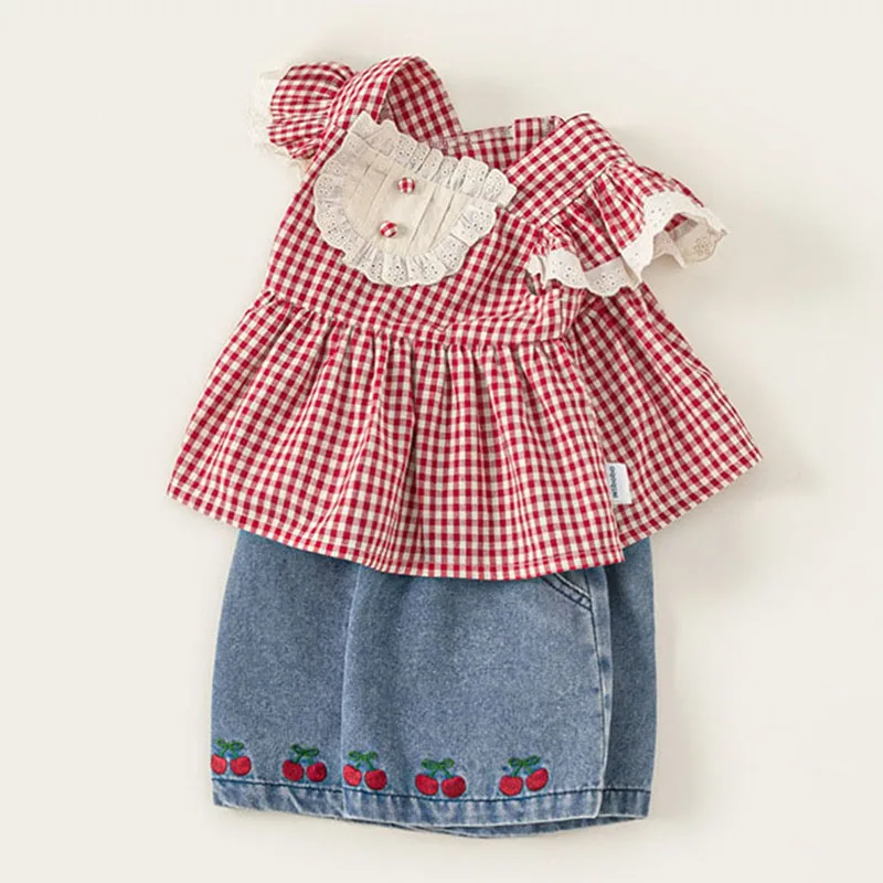 Ropa de verano para niño niña, 2 piezas, moda coreana a cuadros, Tops sin mangas de color rojo cereza + pantalones cortos de mezclilla, ropa de Boutique para niño B095 - imagen 4