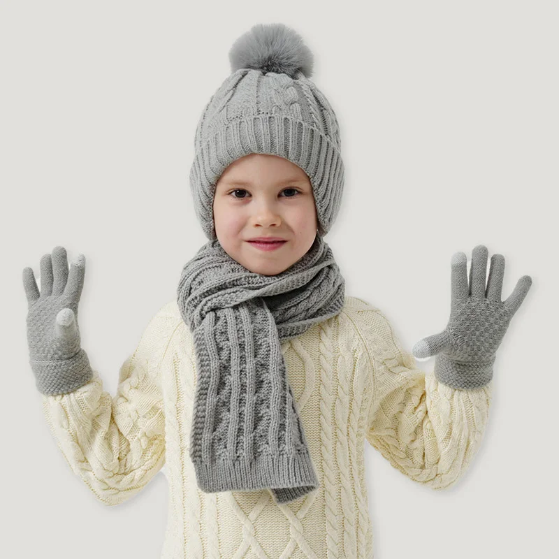 3Pcs Winter Children Hat Gloves Scarf Set Plus Velvet Thickened Boys Hats Outdoor Ear Protection Beanie Kids Warmer Accessories - imagen 2
