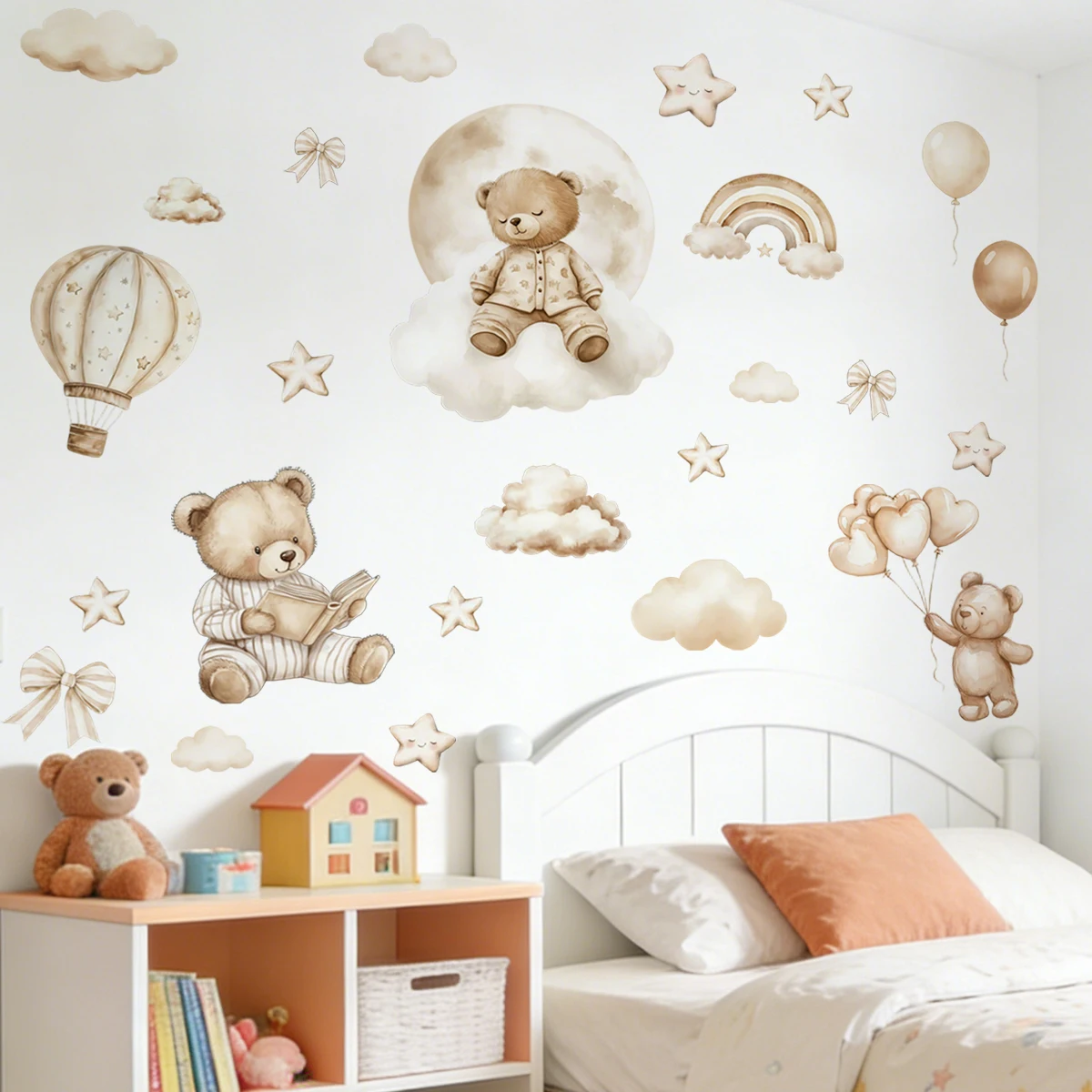 globo oso peluche con pegatina pared acuarela infantil
