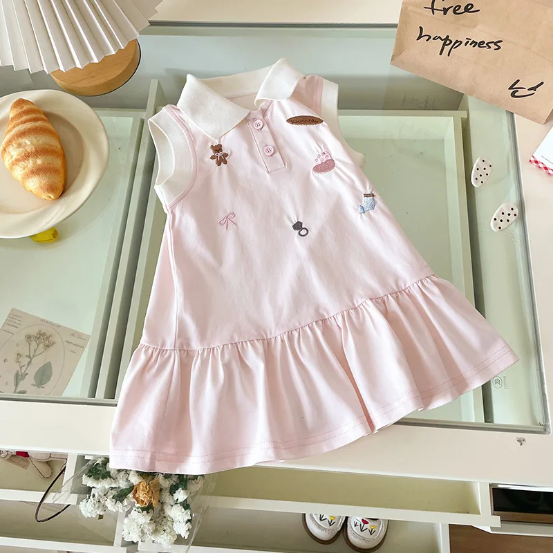 Vestido bordado de dibujos animados para niña, estilo Preppy con cuello, longitud media dulce, tela transpirable para trajes bonitos para niños pequeños, verano 2025 - imagen 4