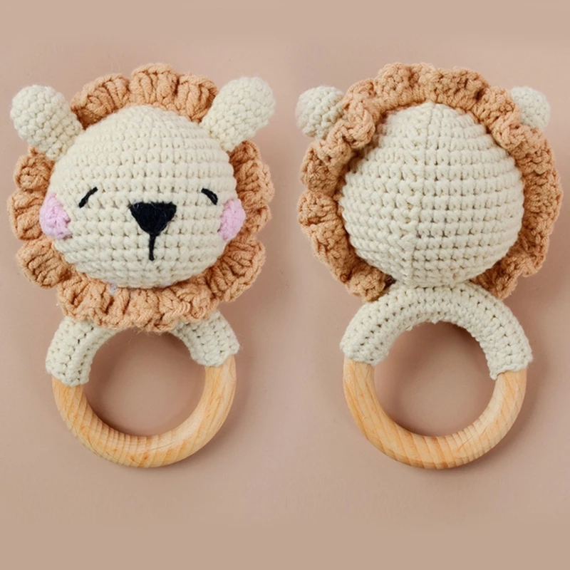 Sonajero de ganchillo hecho a mano para bebé, juguete seguro de madera de haya, anillo de dentición para recién nacido, mordedor para aliviar el dolor de encías - imagen 3