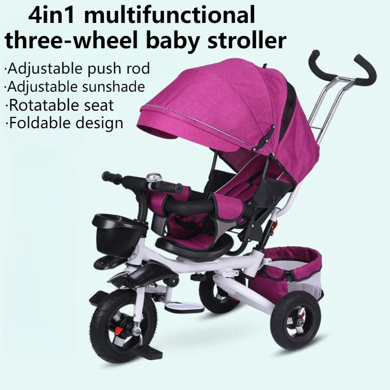 Triciclo plegable 4 en 1 para niños, cochecito para sentarse y tumbarse con dosel grande, triciclo con freno doble, respaldo ajustable de 3 velocidades, portátil