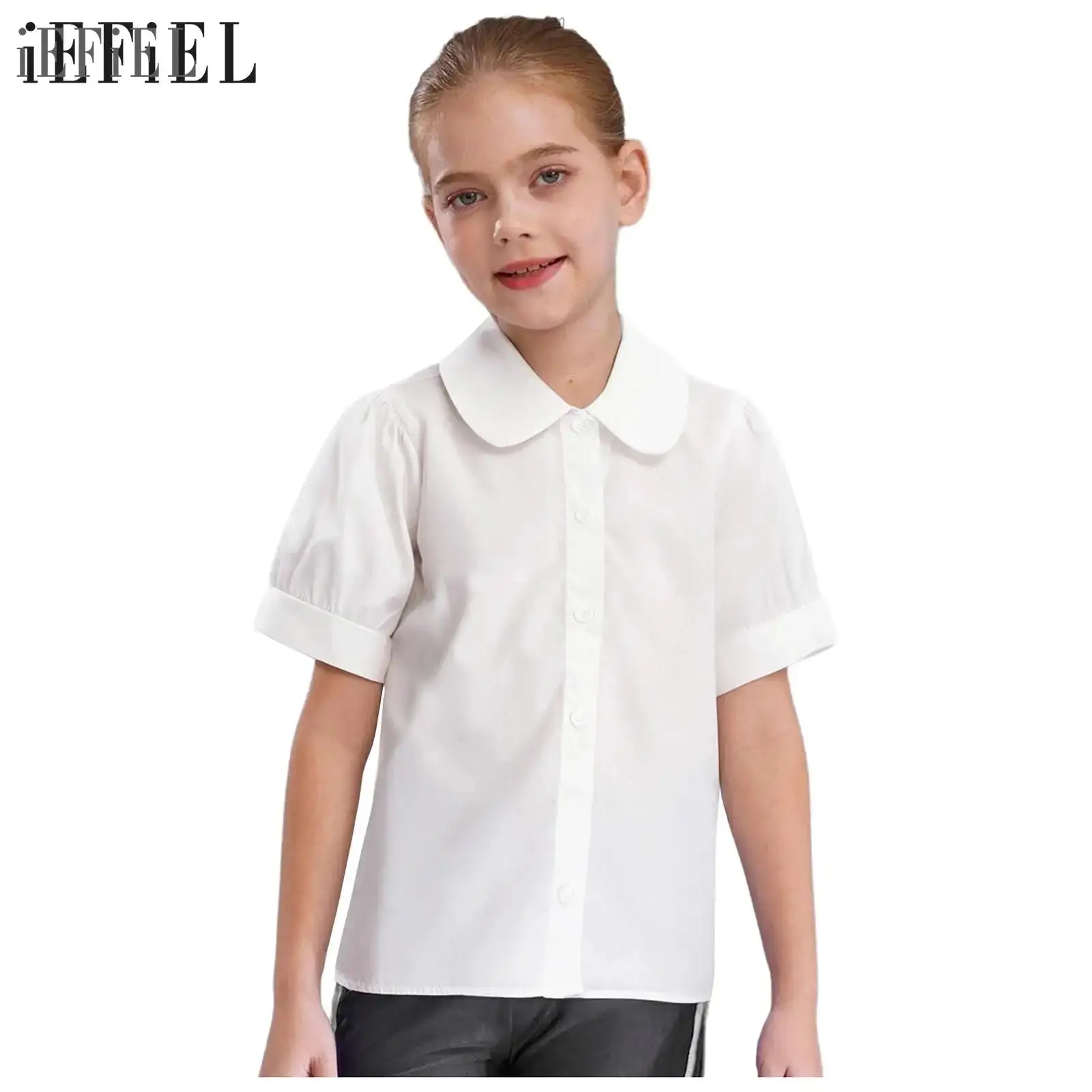Camisa blanca de algodón para niñas, blusas con botones de manga corta con adornos de encaje, Top para la escuela, boda, fiesta de cumpleaños, vacaciones, Picnic