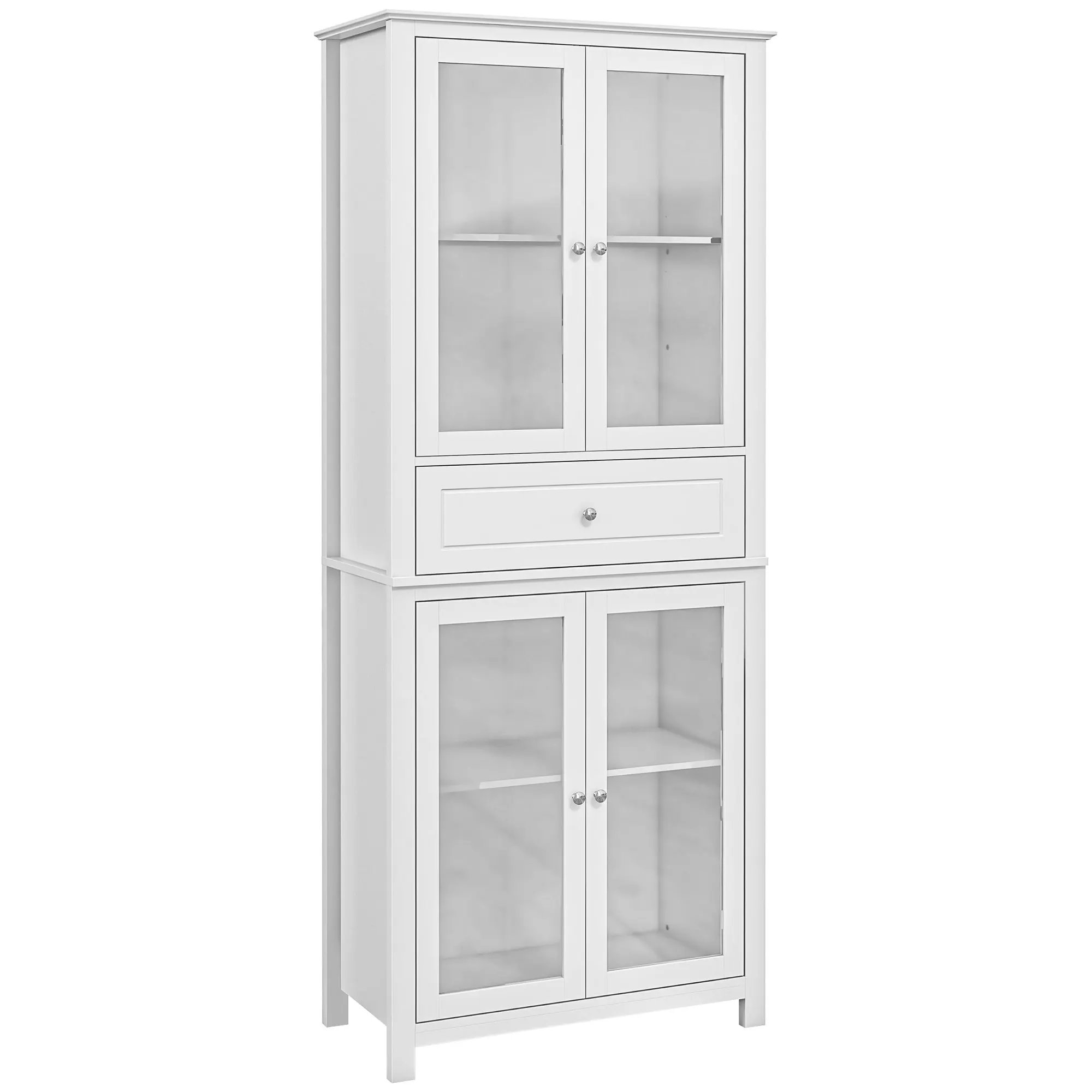 HOMCOM Alacena de Cocina Mueble Vitrina con 4 Puertas de Vidrio Templado Cajón y Estantes Ajustables para Salón Comedor 74x35,5x181,5 cm Blanco