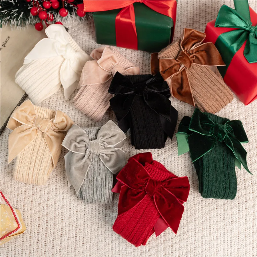 Primavera otoño, calcetines hasta la rodilla con lazo grande para niñas, calentadores de piernas sólidos de algodón para niños, calcetín largo de princesa para niños de 0 a 5 años - imagen 2