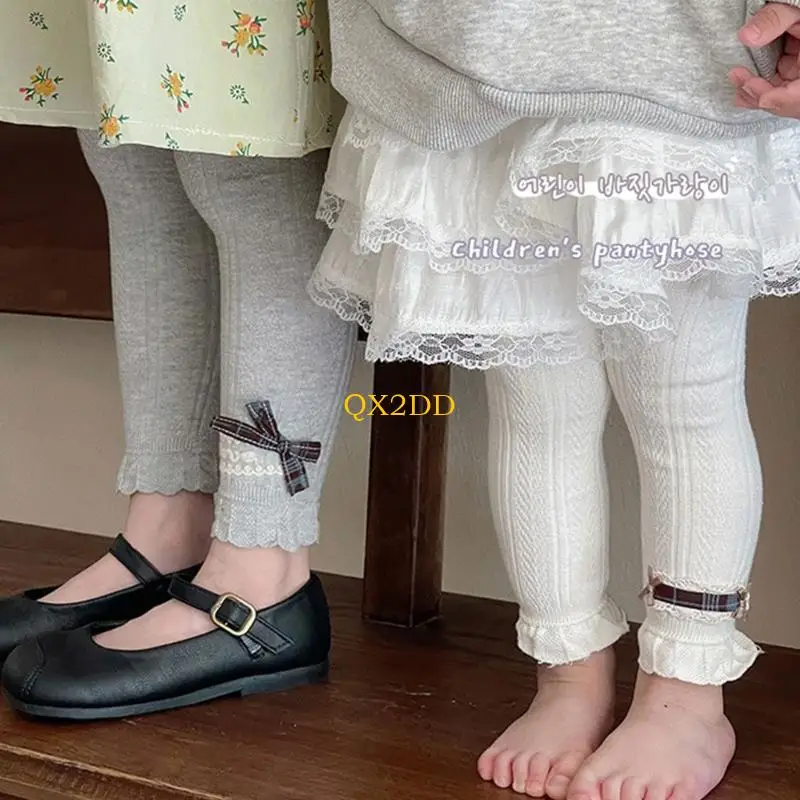 QX2D Pantalones bebé transpirables Bownot Charm Solides Leggings elásticos para niños para uso diario y actividad - imagen 2