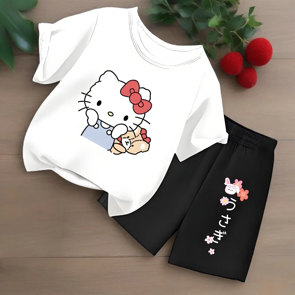 HELLO KITTY-Conjunto de dos piezas de camiseta y pantalones cortos con estampado para niños, Top informal transpirable para niñas, conjuntos de ropa para exteriores - imagen 4
