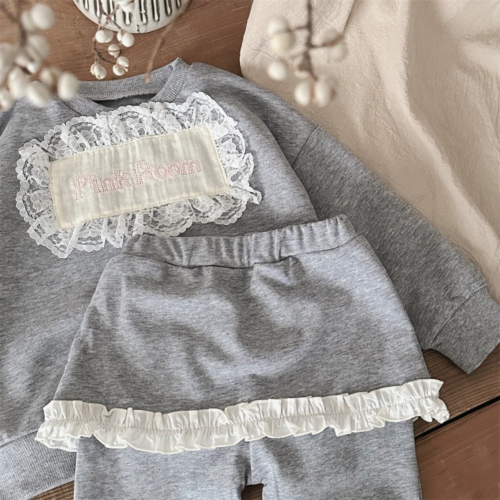 2 unids/set niñas Sudadera con capucha + pantalón primavera otoño nueva ropa para niños estilo coreano bebé Pastoral encaje apliques carta Sudadera con capucha Casual - imagen 4
