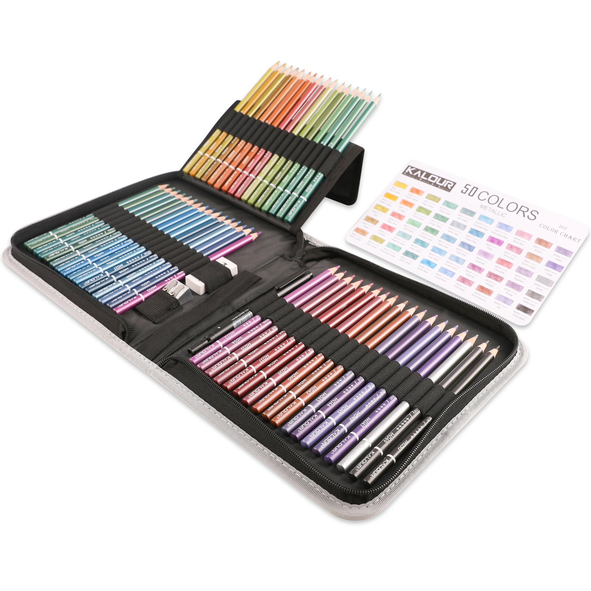 Lápices de colores KALOUR, suministros de arte para dibujar, colores vibrantes, núcleo suave, 54 Uds., 50 colores, lápiz de Color metálico en estuche de nailon con cremallera - imagen 3