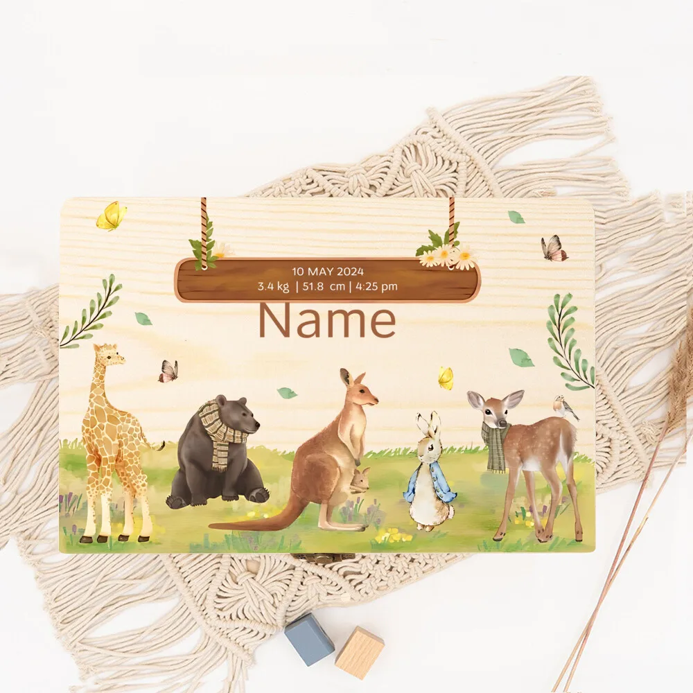 Caja de recuerdos de madera personalizada para recién nacidos, cajas de memoria para bebés de animales de la selva, recuerdo para bebés recién nacidos, regalo de estadísticas de nacimiento - imagen 3