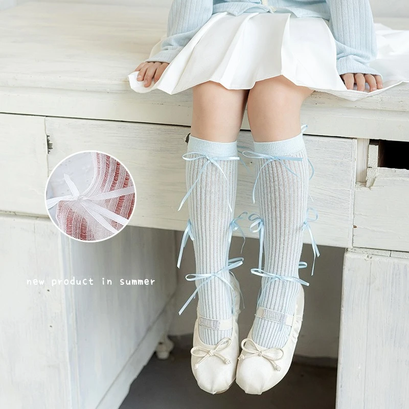 1 ‌   Par de calcetines hasta la rodilla con lazo de Ballet Lolita para niños y niñas, calcetines ligeros con lazo de princesa dulce, calcetines para niños pequeños de primavera y verano ‌ - imagen 2