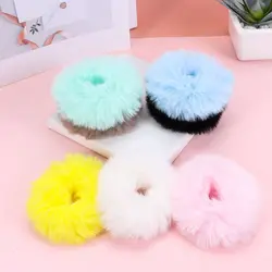 Coleteros elásticos pelo niña con pompón de piel sintética de conejo