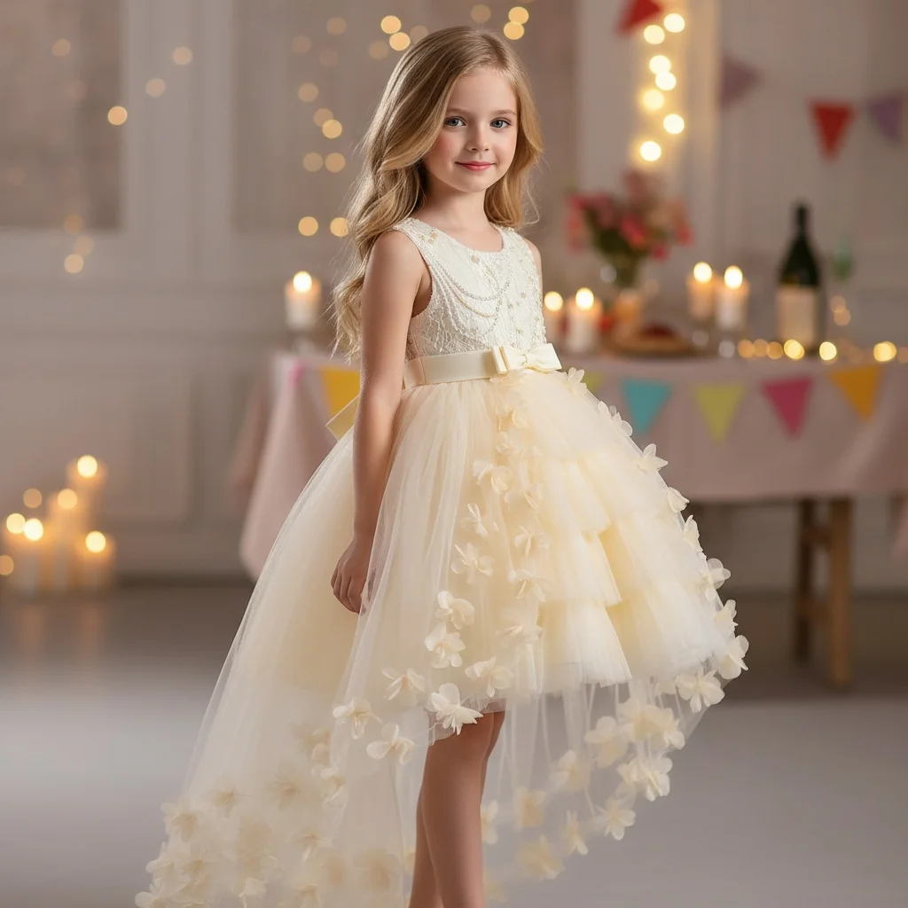 Vestidos infantiles para niñas de Color sólido a la moda, sin mangas, de encaje, vestido de baile para niñas, vestidos de fiesta para niñas de boda - imagen 2