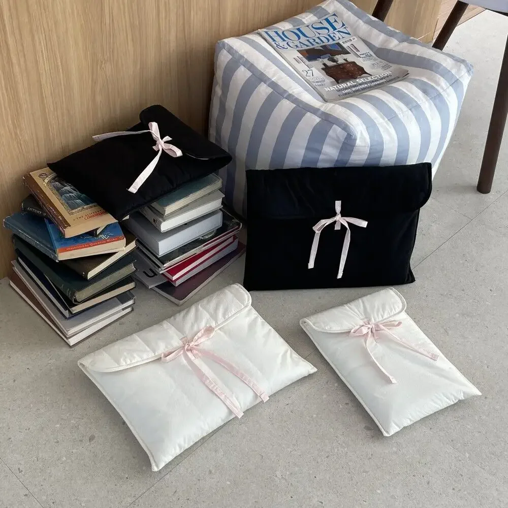 Bolsa de ordenador con nudo de lazo para mujer, bolso de almacenamiento de ordenador para tabletas con lazo negro y rosa, bolsa de almacenamiento de cosméticos de Ballet dulce coreano - imagen 4
