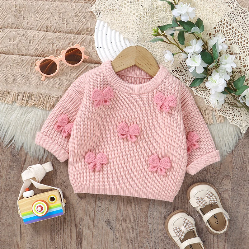 Pulls à manches longues avec nœud papillon pour bébés filles, pulls pour tout-petits, tricots pour nouveau-nés, vêtements d'extérieur à la mode, 1 à 3 ans - imagen 3