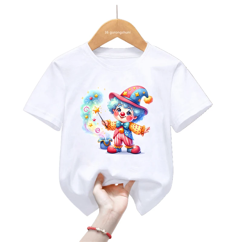 Camiseta con estampado de payaso mágico de acuarela para niños y niñas, camiseta de manga corta a la moda de verano, ropa Kawaii para niños, camiseta divertida