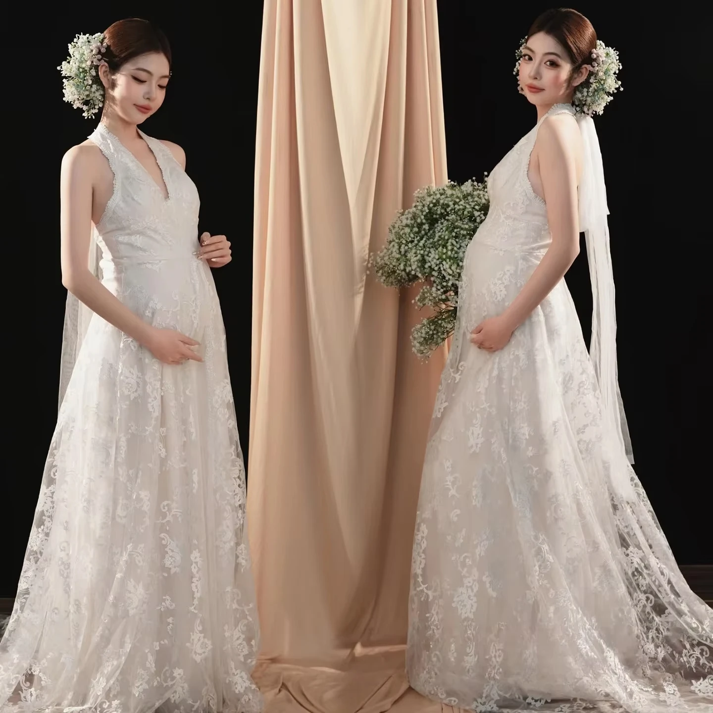 Vestido de maternidad encaje blanco halter – Sesión fotos embarazo - imagen 3