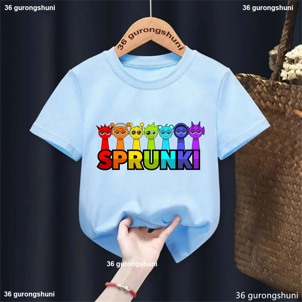 Camiseta con estampado con dibujo de juego de música Rainbow Sprunki, ropa Kawaii para niños y niñas, camisetas lisas de manga corta de verano - imagen 5
