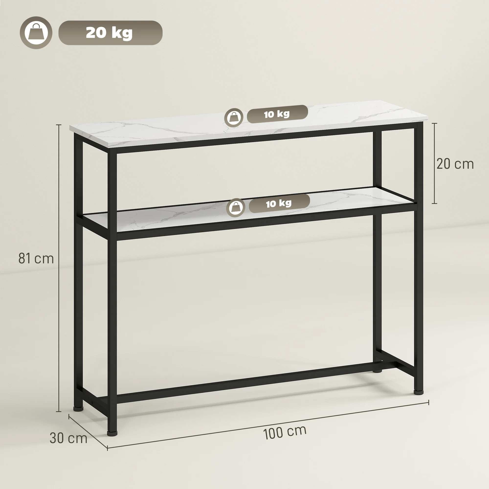 HOMCOM Mesa Consola Moderna Consola Recibidor Estrecha con Superficie con Efecto Mármol Estante Abierto y Marco de Metal Mesa de Sofá para Entrada Sala de Estar 100x30x81 cm Blanco - imagen 2