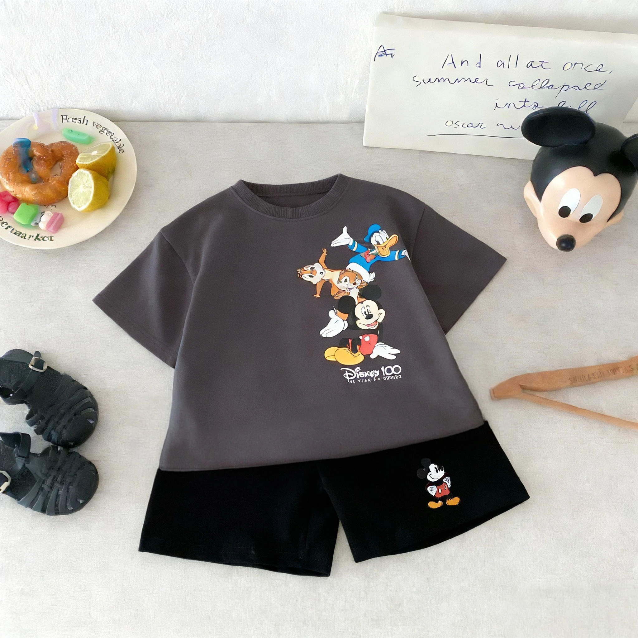 Camiseta estampada de Mickey, traje para niños, ropa de verano de dibujos animados de Disney, conjunto informal de 2 piezas, disfraz para niños, camisetas y pantalones cortos - imagen 3