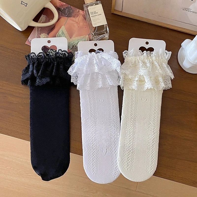 Calcetines por encima de la rodilla con corazón hueco de verano, calcetines largos de princesa con volantes de encaje para niñas, calcetines Kawaii con alambre antigancho, medias de Lolita para niños - imagen 2
