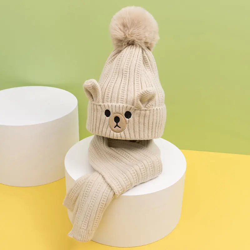 Conjunto de bufandas y gorros cálidos para niños pequeños, gorro de felpa de punto, gorro de ganchillo de animales de dibujos animados, lindo, Otoño e Invierno - imagen 5