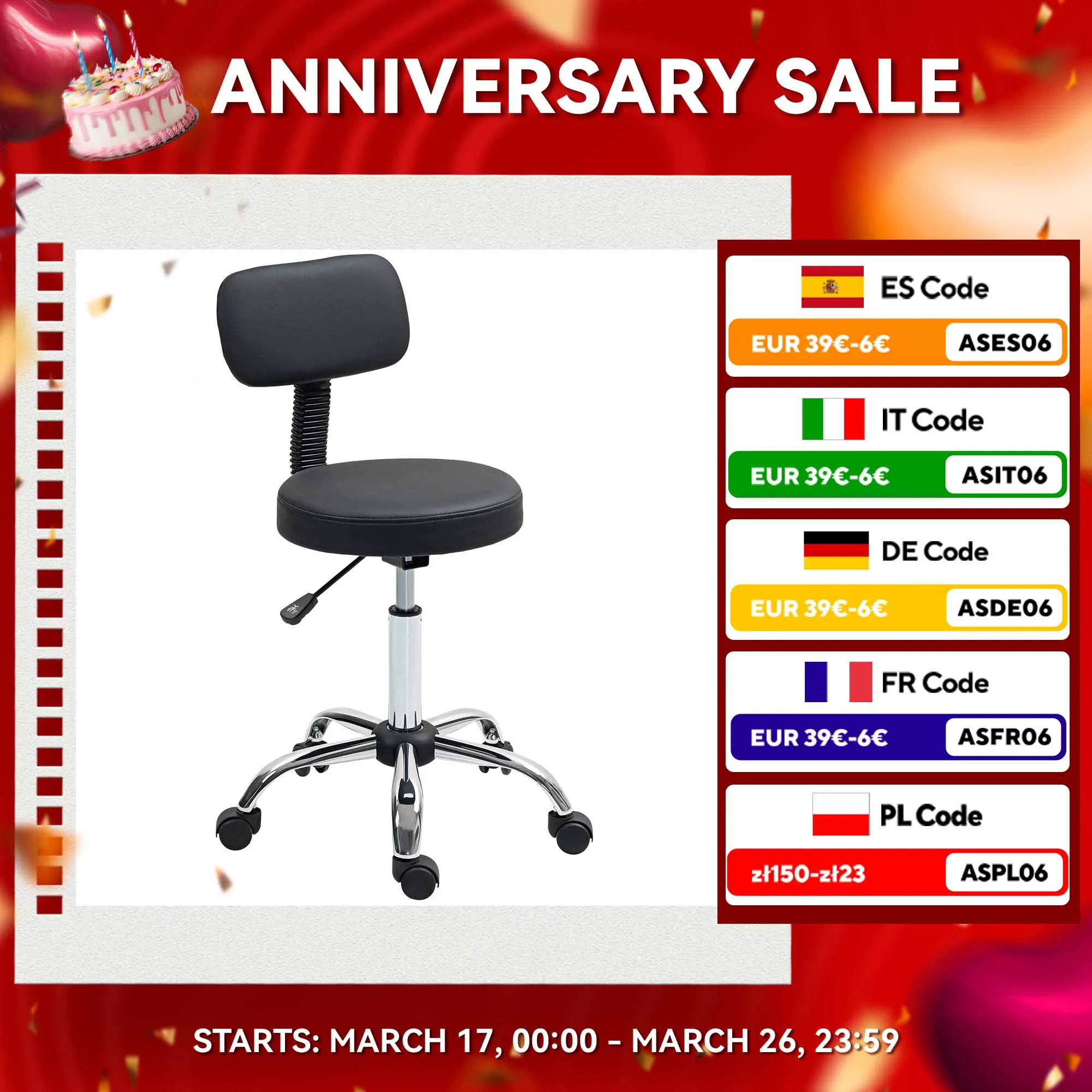 HOMCOM Taburete Giratorio Taburete con Ruedas y Respaldo Taburete de Trabajo con Altura Regulable 78-93 cm Asiento Tapizado de Cuero Sintético Negro