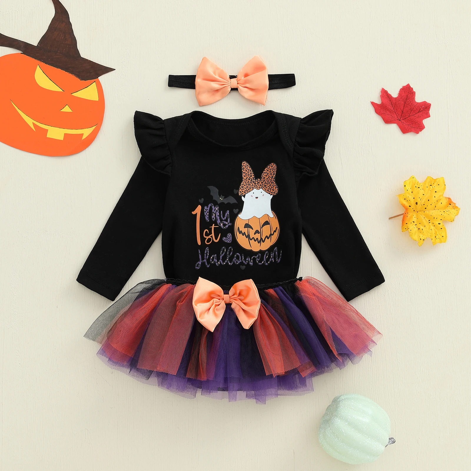 Conjunto de disfraz de Halloween para niña de 0 a 18 meses, pelele de manga larga + falda de tul a rayas + diadema, ropa para recién nacido - imagen 3