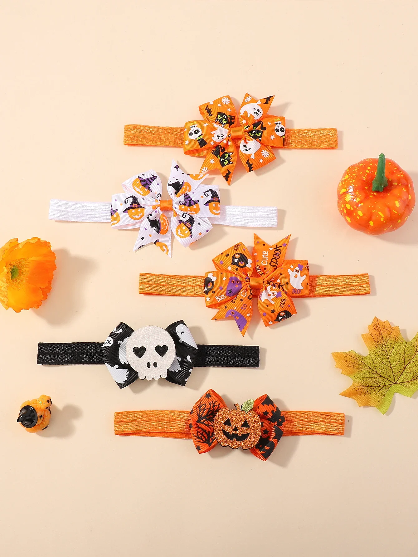 Diadema con lazo para el pelo de Halloween para bebé, cinta para la cabeza, accesorios de vestir para fiesta de calabaza, 5 uds.