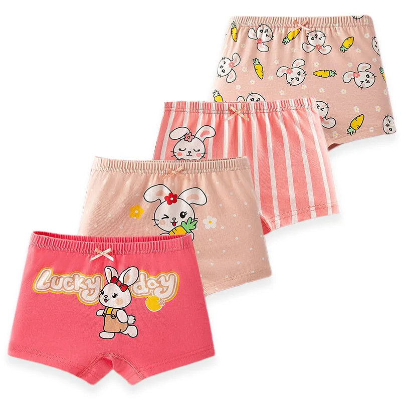 4 unids/lote de calzoncillos Boxer de algodón puro para niñas, bragas con estampado de conejo bonito y dulce para niñas, ropa interior suave para niños, pantalones cortos para niñas