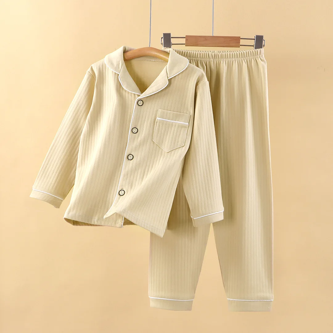 Spring Autumn Boys Girls Cute Solid Color Pajamas Home Wear Casual Long Sleeve Lapel Pyjamas Teen Sleepwear Clothing Sets - imagen 2