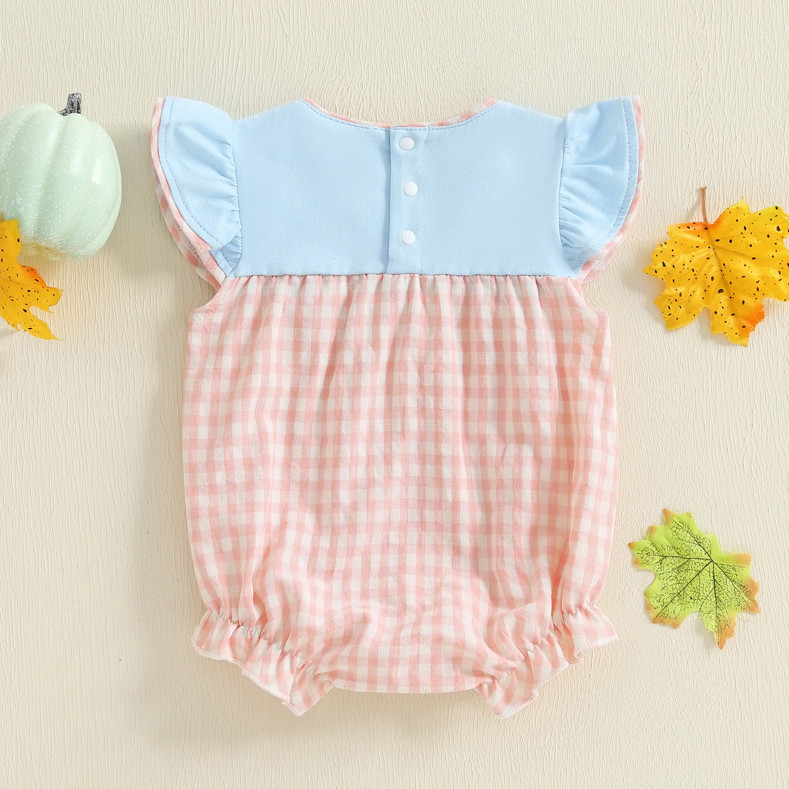 Pelele de verano para niña de 0 a 18 meses, mono con bordado de calabaza y manga voladora, mono de burbujas a cuadros - imagen 2