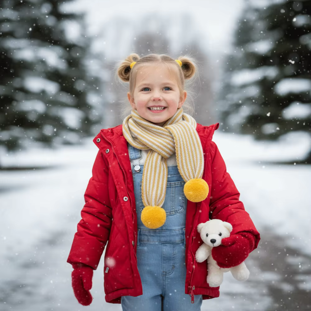 Bufanda de punto a rayas para niños – Cálida invernal con pompón