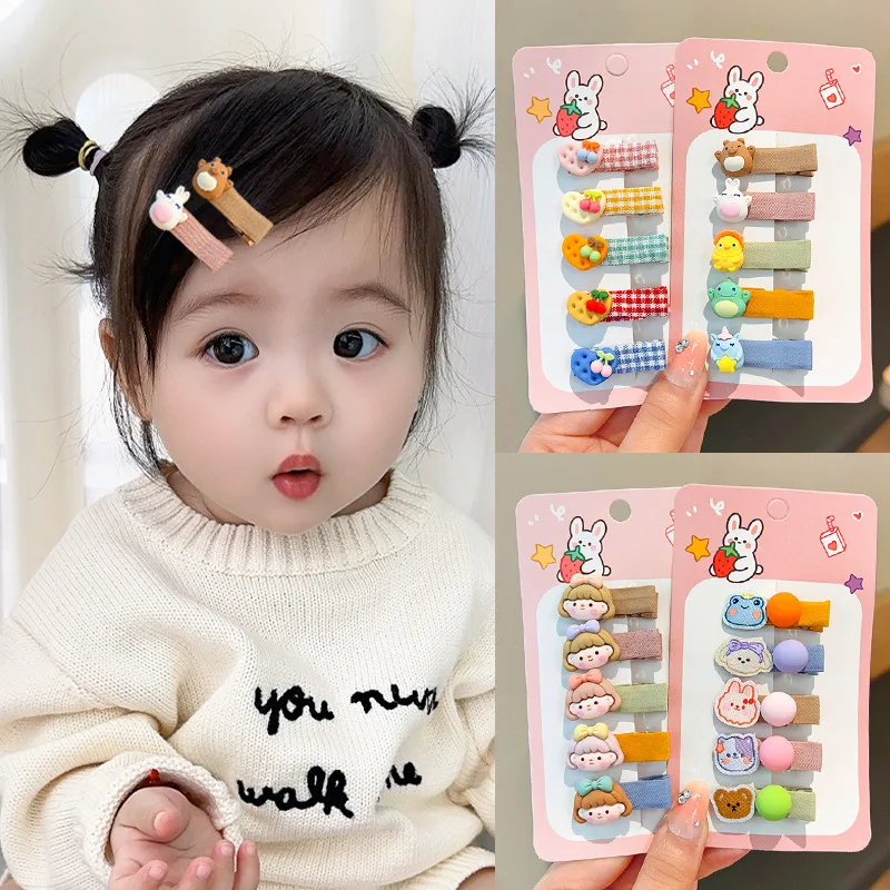 Pinzas para el cabello para bebé, sin tirones, cubiertas de tela suave, lindas pasadores Flyaway de estilo coreano para niña pequeña, cabello fino (5 piezas)