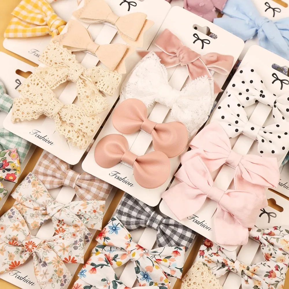 3/4Pcs Set Leopard Dot Print Bowknot Hair Bow Clips Baby Girls Lace Cotton Linen Barrettes Safety Hairpins Headwear Accessories - imagen 2