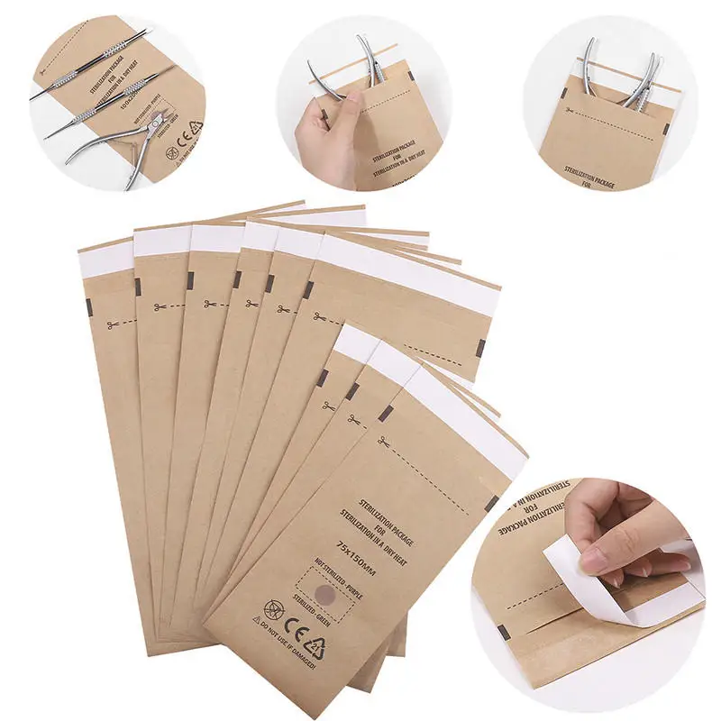 Bolsa de papel Kraft para manicura desechable, bolsas de desinfección autoselladas, limpieza de uñas de alta temperatura, suministros para decoración de uñas, 20 unids/set - imagen 3