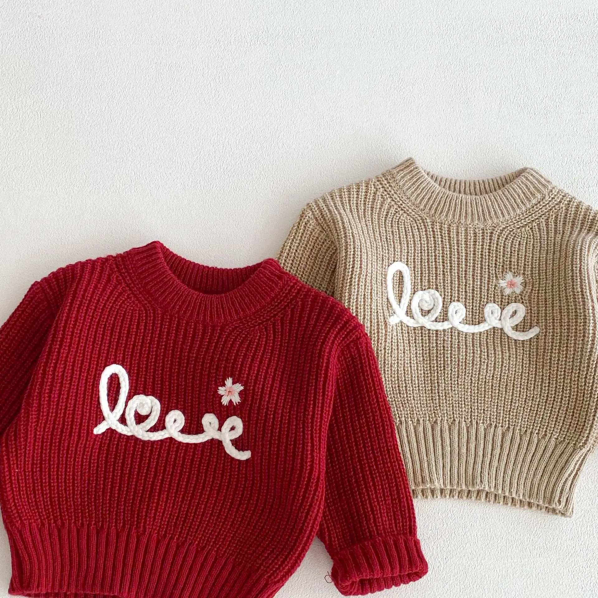 Ropa de bebé de 0 a 3 años, suéteres con bordado de amor para niñas pequeñas, jersey de punto con cuello redondo para niños, traje de punto para bebés - imagen 5