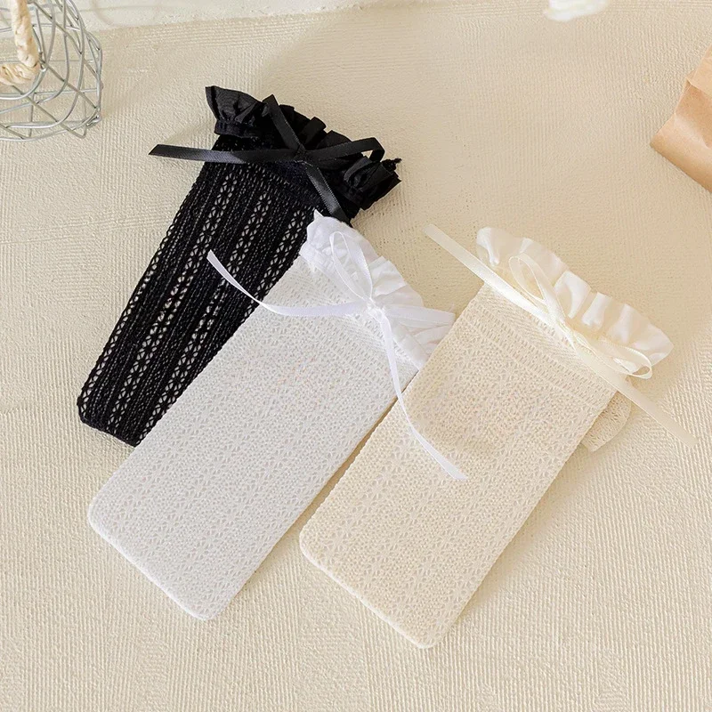 Calcetines finos huecos de verano para niñas, calcetines hasta la pantorrilla con volantes y lazo a la moda para niños, calcetines elásticos de nailon suave para niñas - imagen 3